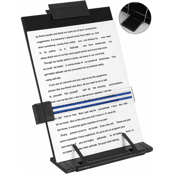 7 Adjustable Positions Metal Book Stand, Magnetic Line Guide Document Holder, Double Clips Foldable Sheet Holder, Anti-Slip Base Desk Organizer for A4 Paper Tablet Music Sheet