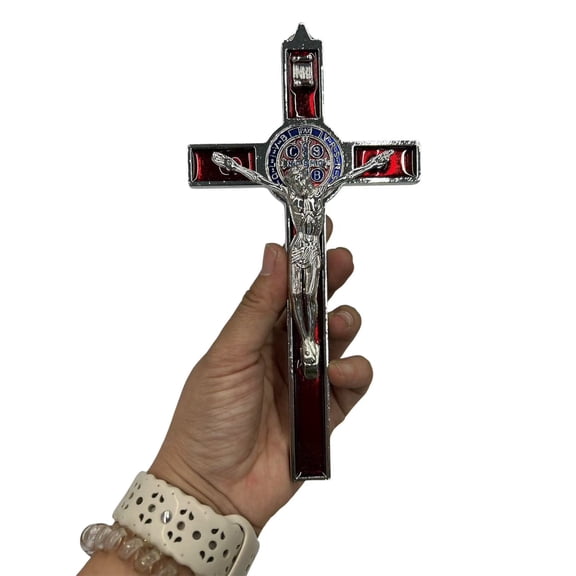 7" Alloy Wall Enamel Crucifix Saint Benedict Wall red Crosses Jesus Christ Crucifix Catholic Christian Decor Easter Gifts DIY