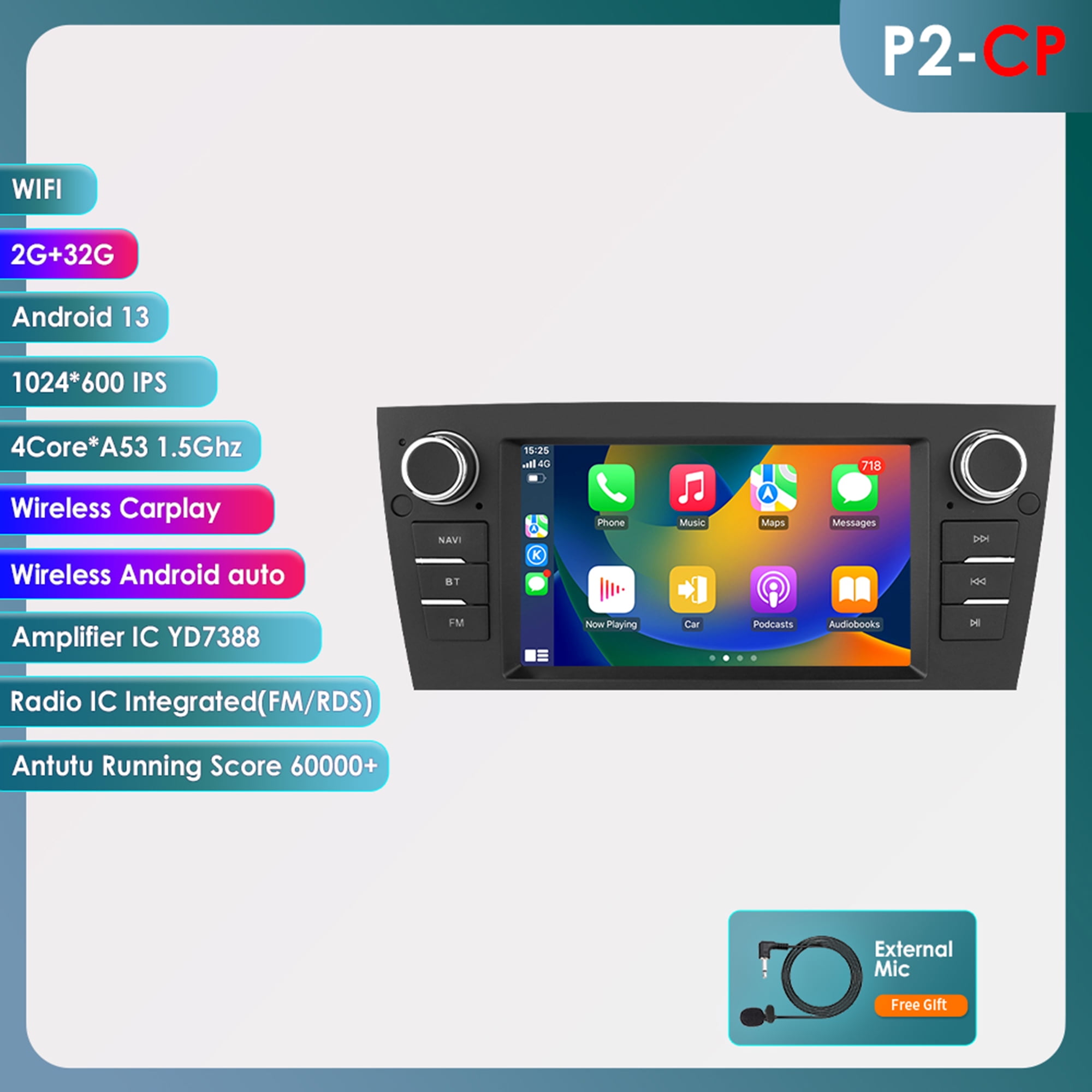 7" Android 13 Bluetooth Apple CarPlay 2+32GB Wifi AUX Car Stereo Radio ...