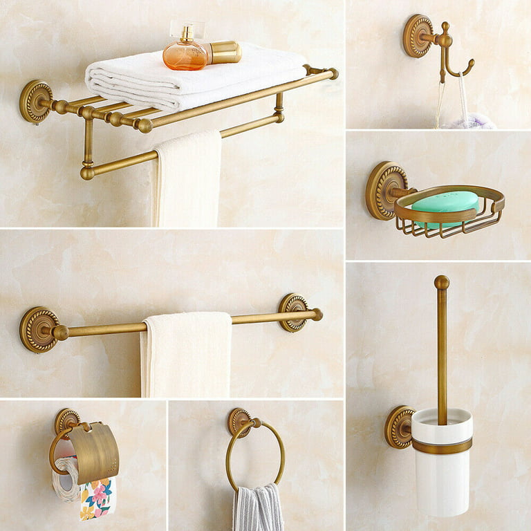 7 Antique Bathroom Accessory Bathroom Hardware Set Brass Carved Towel Bar  Shelf 7PCS Antique Bathroom Accessories Bath Hardware Set Carved Brass  Towel
