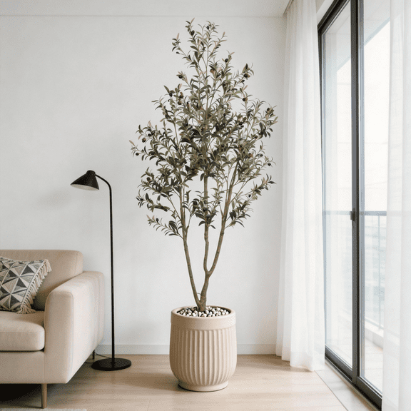 7' Artificial Olive Tree in Pot, Large Faux Potted Silk Tree for Indoor Home Decor