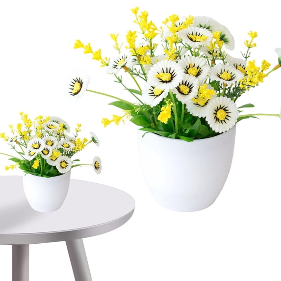 7" Artificial Potted Daisy Chrysanthemum - White Yellow 21-Head Fake Flowers with Pot, UV Resistant Faux Plants for Home, Office, Desk & Outdoor Decor