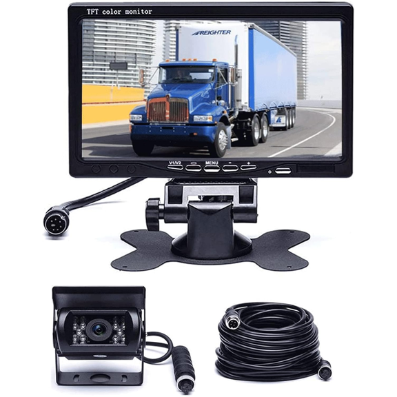 7" Backup Camera with Monitor Kit, Waterproof 18 IR LED Night Vision Reverse Camera + Rear View Monitor Vehicle Parking System for RV Bus Trailer Truck (65ft 4-Pin Aviation Video Cable)