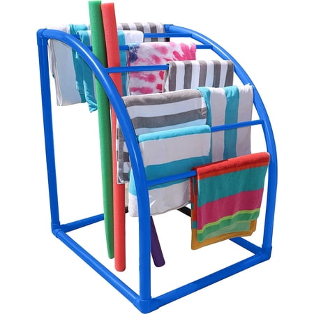 7 Bar Curved PVC Towel Rack - Free Standing Poolside Storage Organizer - Also Stores Floats, Paddles and Noodles - Blue