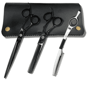 7 Black Saki Shears Katana Set of Professional Hair Scissors for Professional Use - Includes Cutting Scissors, Thinning Shears, Razor and Leather Case