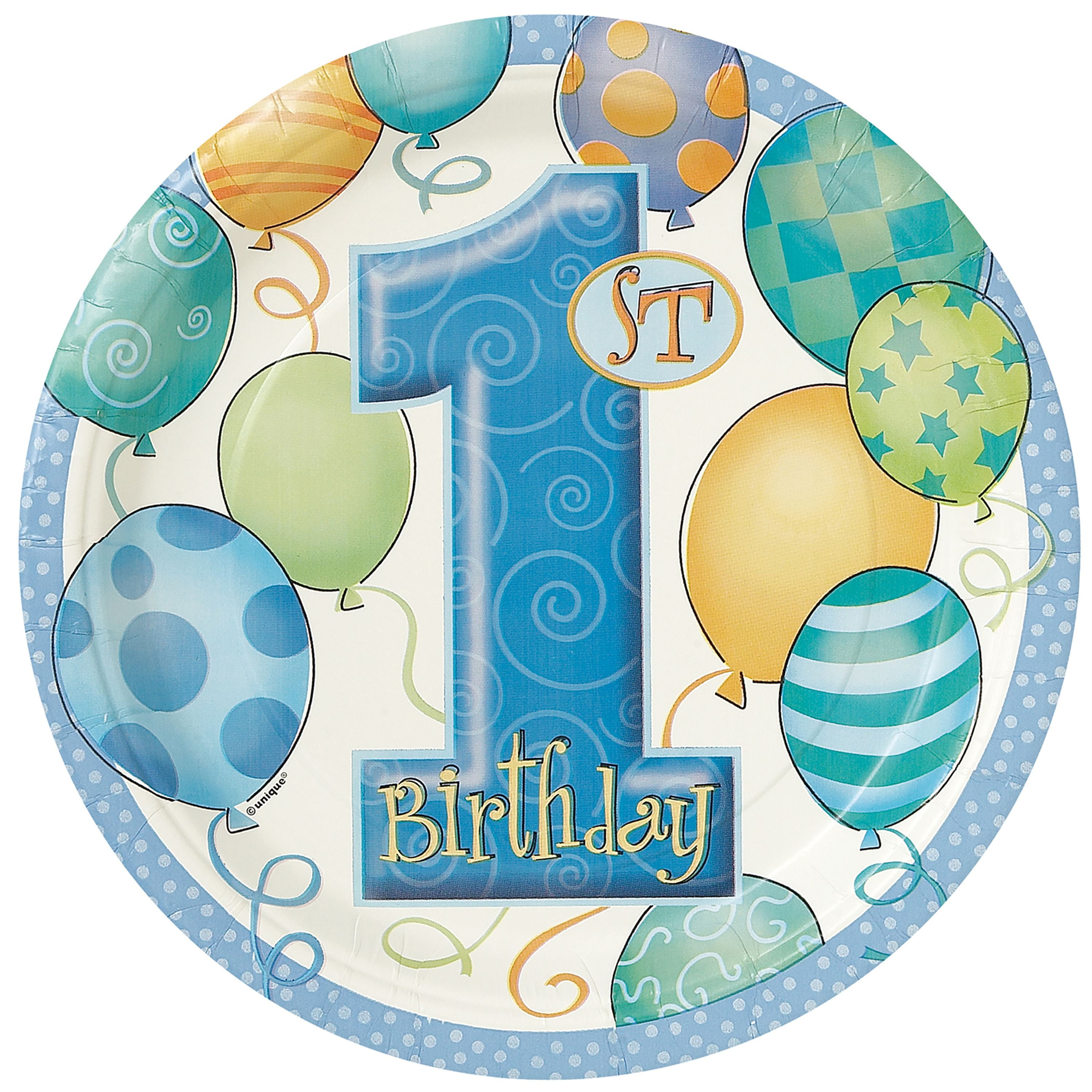 7" Blue Balloons 1st Birthday Paper Dessert Plates, 8ct