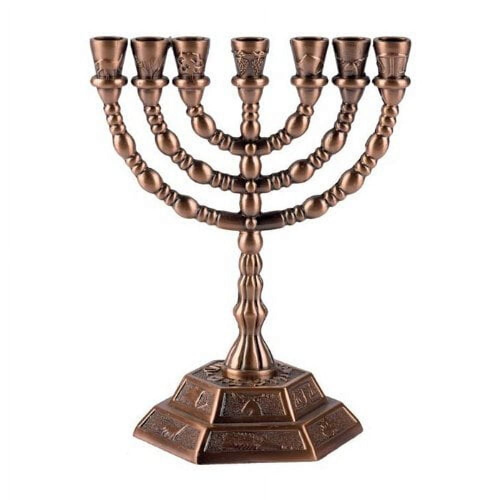 WORLD OF JUDAICA 7 Branch Hexagonal Base 12 Tribes of Israel Menorah in Antique Copper