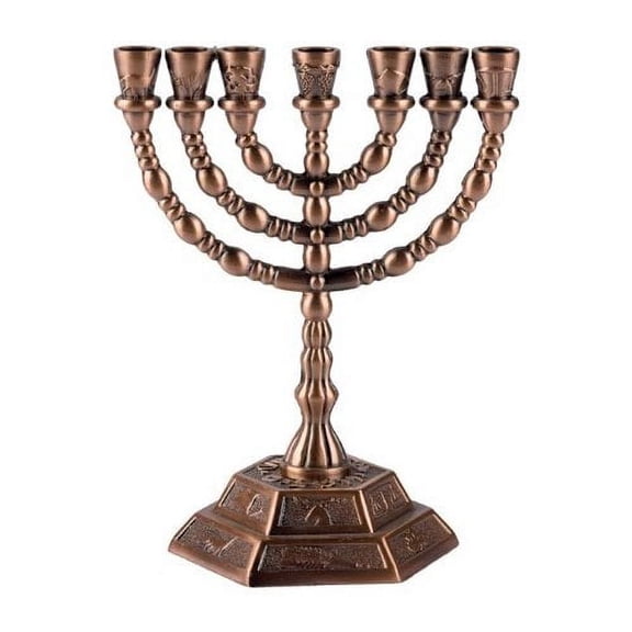 7 Branch Hexagonal Base 12 Tribes of Israel Menorah in Antique Copper