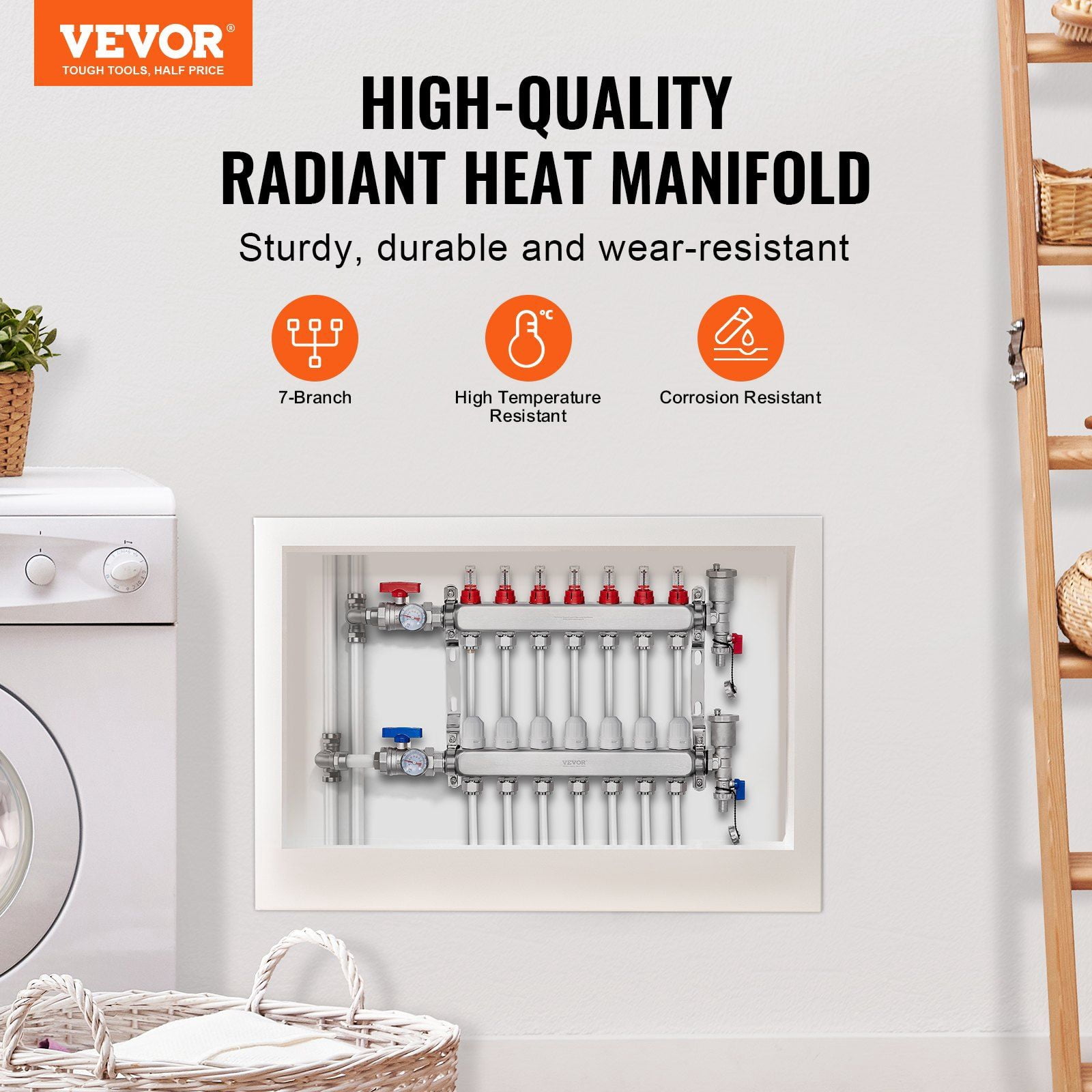 7-Branch Radiant Heat Manifold,1/2"PEX Tubing Manifold,Stainless Steel ...