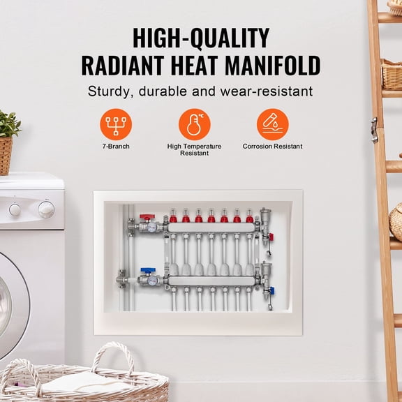 7-Branch Radiant Heat Manifold, 1/2" PEX Tubing Manifold, Stainless Steel PEX Manifold for Hydronic Radiant Floor Heating, Radiant Heat PEX Manifold Kit with 1/2" Adapters Included