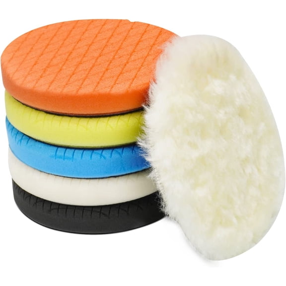 7" Buffing Polishing Pads, 6Pcs 5.6inch 140mm Face for 5 Inch Backing Plate Compound Buffing Sponge and Woolen Pads Cutting Polishing Pad Kit for Car Buffer Polisher, Polishing and Waxing