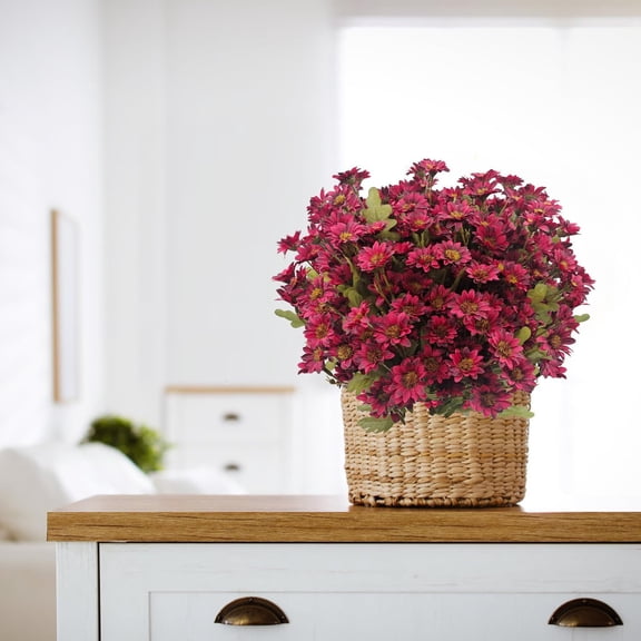 7 Bundles Mums Artificial Fall Flowers For Outdoors Silk Daisy Floral Mum For Home Decor Indoor Outside Porch Pots Planters Potted Decorations (Red)