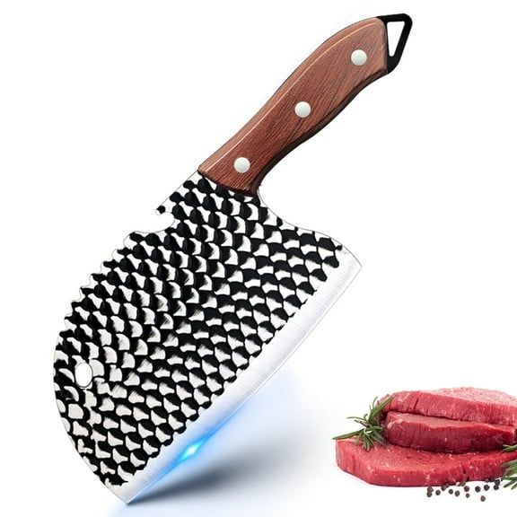 7" Butcher Knife with Forge Hammered Carbon Steel Blade with Wooden Handle,Sharp Meat Cleaver Kitchen Knife for Chopping