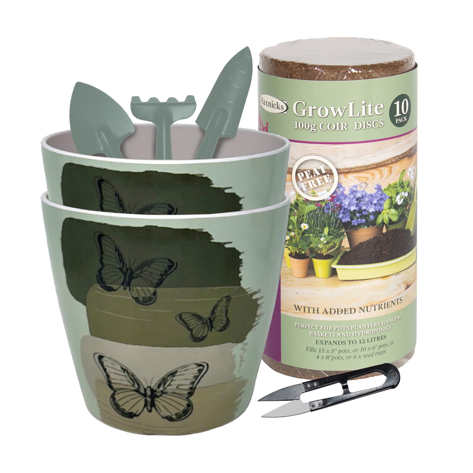 7″ Butterfly Bamboo Self-Watering Planter Kit – Set of 2 Indoor Plant Pots with Coir Soil & 4-Piece Gardening Tool Set