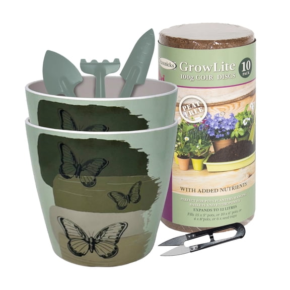 7 Butterfly Bamboo Self-Watering Planter Kit Set of 2 Indoor Plant Pots with Coir Soil & 4-Piece Gardening Tool Set