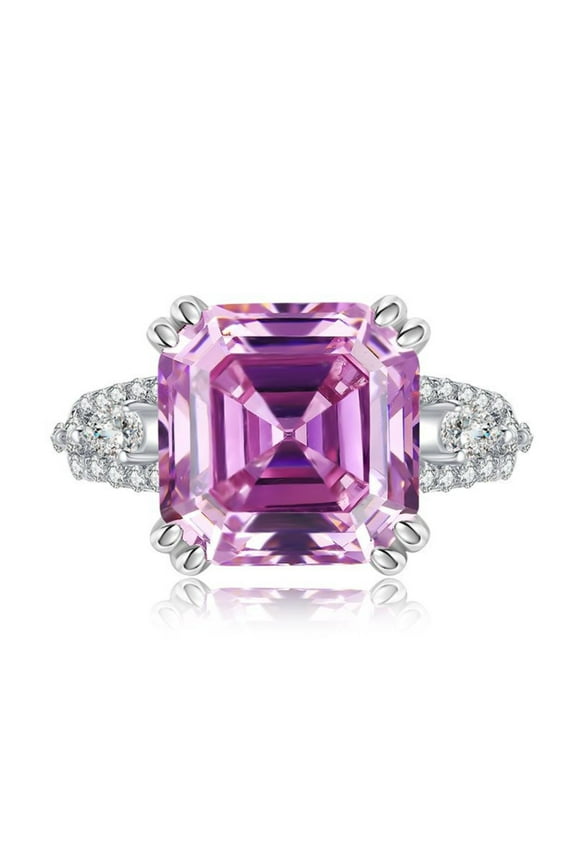7 Carat Asscher Cut S925 Sterling Silver Engagement Rings for Women Glamorous Pink Gemstone Rings CZ Simulated Diamond Ring Anniversary Promise Wedding Bands