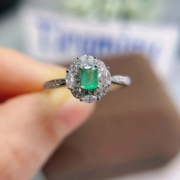 Natural Rectangle Cut Emerald Ring 925 Sterling Silver Handmade May Birthstone Christmas Gift Ring