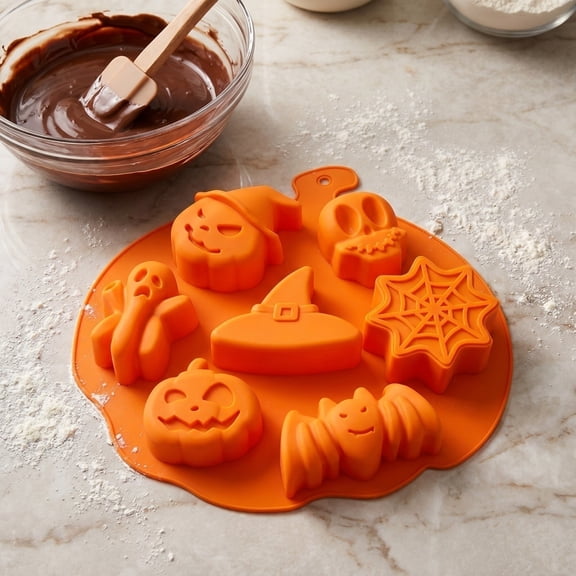 7 Cavity Halloween Silicone Mold Tray, Pumpkin Ghost Skull Bat Witch Hat Spider Web Silicone Mould, Food Grade Baking Mold for Chocolate Candy Cake, DIY Epoxy Resin Plaster Soap Craft Mold