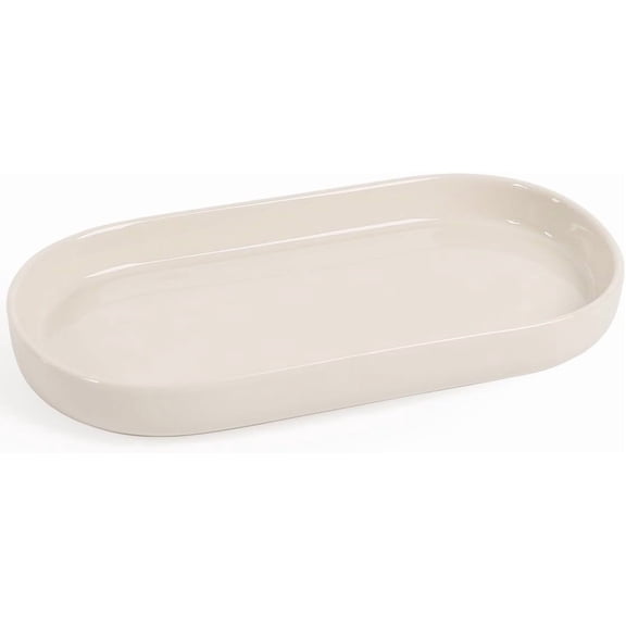 7" Ceramic Bathroom Vanity Tray - Bathroom Organizer Countertop Tray for Perfume, Jewelry, Candles, Small Kitchen Counter Soap Tray, Decorative for Bathroom Vanity and Toilet Tank, Beige