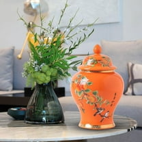 7" Ceramic Ginger Jar Decorative Ceramic Flower Vase Sealed Food Storage Jar Ancient Chinese Style Creative for Candy Coffee Loose Tea Orange