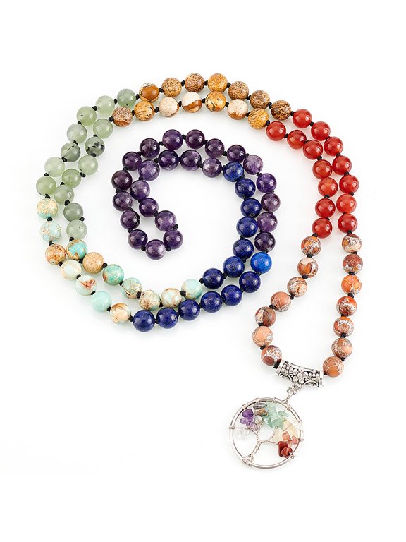 7 Chakra 108 Mala Beads Necklace 8mm Bead Wrap Bracelet Necklace 40.9 Inch Mixed Stone Tree of Life Pendant Necklace with Round Bead Chain Jewelry