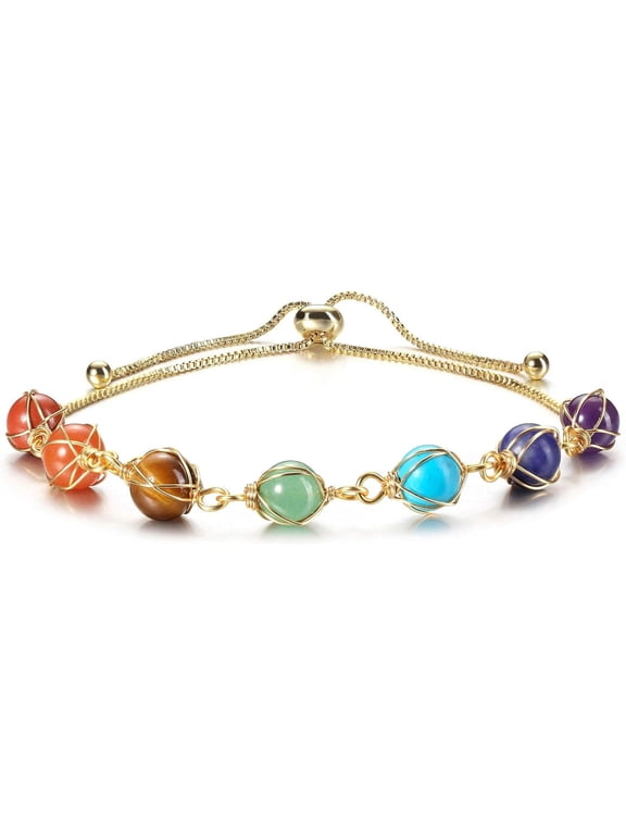7 Chakra Bracelet Healing Crystal Stone Beads Ankle Bracelet Adjustable 14K Gold Plated Bracelet for Women Girls Women Girlfriend Birthday Gift Mom Gift