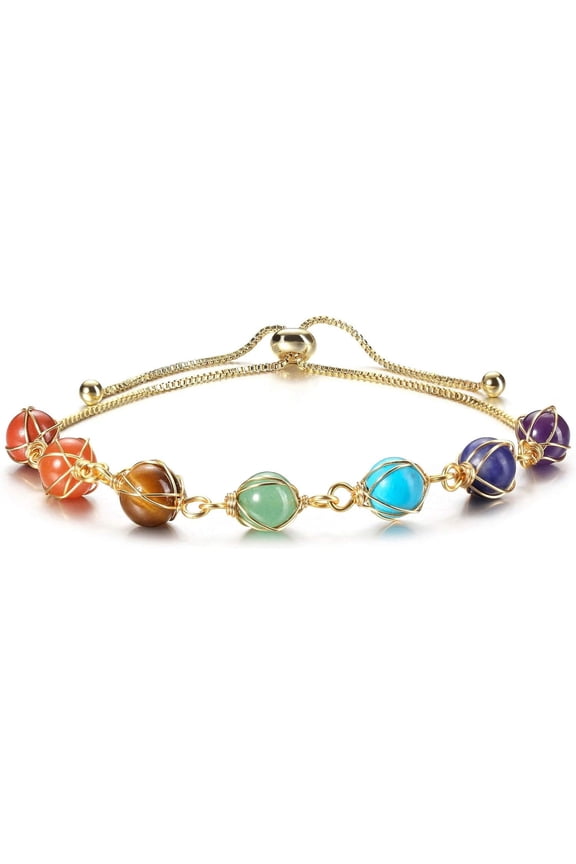7 Chakra Bracelet Healing Crystal Stone Beads Ankle Bracelet Adjustable 14K Gold Plated Bracelet for Women Girls Women Girlfriend Birthday Gift Mom Gift