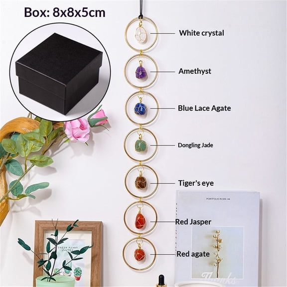 7 Chakra Crystal Hanging Ornament, Unique, Spiritual Boho Wall Decor, Raw Chakra Stones Amethyst Suncatcher, Rose Quartz Crystal (Gold)