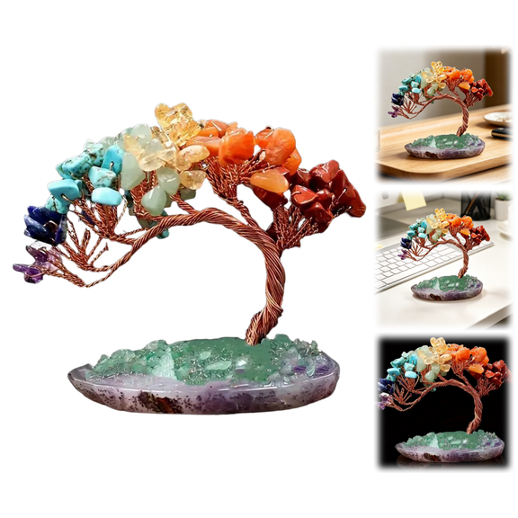 7 Chakra Crystal Money Tree with Agate Base, Fengshui Wealth Bonsai Figurine, Natural Crystal Chip Copper Wire Tree Ornament for Home Office Wedding Decoration (3.9-4.7 Inch)