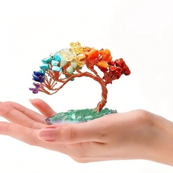 7 Chakra Crystal Money Tree with Natural Agate Base, Handmade Copper Wire Healing Gemstone Bonsai, Feng Shui Crystal Ornament for Reiki Meditation Home Office Desk Decor Spiritual Gift