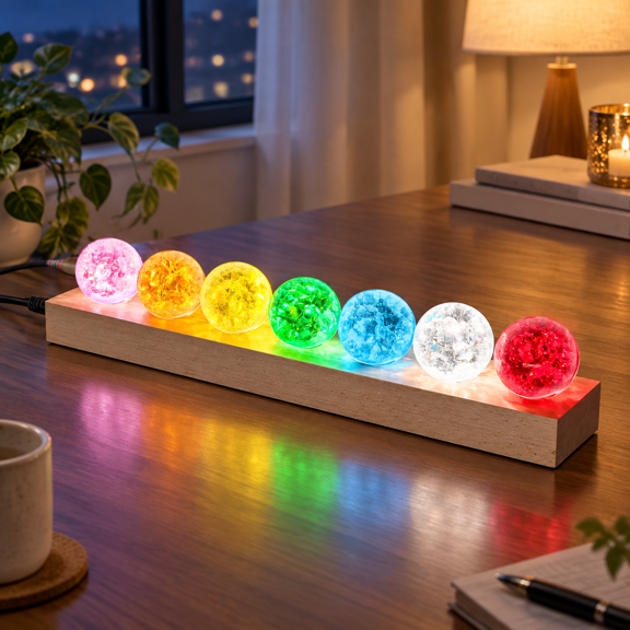 7 Chakra Crystal Sphere Set with LED Wooden Stand, Ice Crackle Finish, Meditation and Feng Shui Decor
