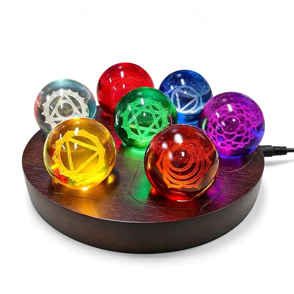 7 Chakra Crystal Spheres Set with LED Wooden Stand,Healing Crystals Ball for Meditation, Yoga, Night Light Decoration & Gift