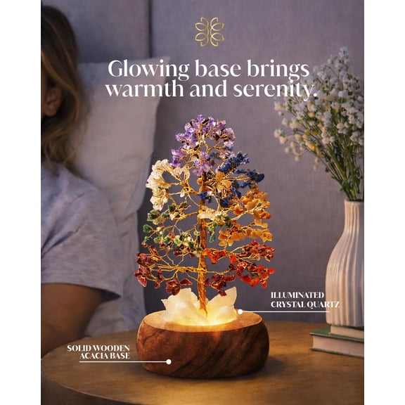 7 Chakra Crystal Tree of Life with LED Light, Handcrafted Gemstone Bonsai with Quartz Crystal Base & Acacia Wood Stand, Spiritual Home & Office Dcor, Thoughtful Gift for Women