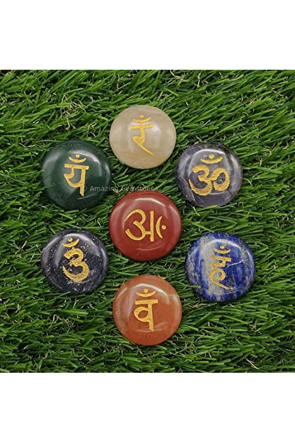 7 Chakra Disc Set Reiki Healing Crystal with Engraved Chakra OM Symbols Holistic Balancing