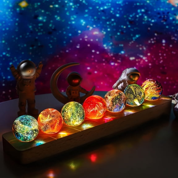7 Chakra Glass Healing Ball Set, Handcrafted Glass Decorated Ball with LED Wood Stand, Night Light for Meditation Positive Energy, Home Room Desk Decoration, Valentine'S Day, Gift, 40Mm Quartz Stone