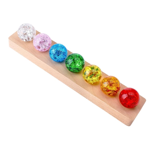 7 Chakra Glass Spheres, 1.6 in / 4 cm Ice Cracked Crystal Ball Night Light Decoration Set with LED Wooden Stand for Meditation, Christmas, Birthday