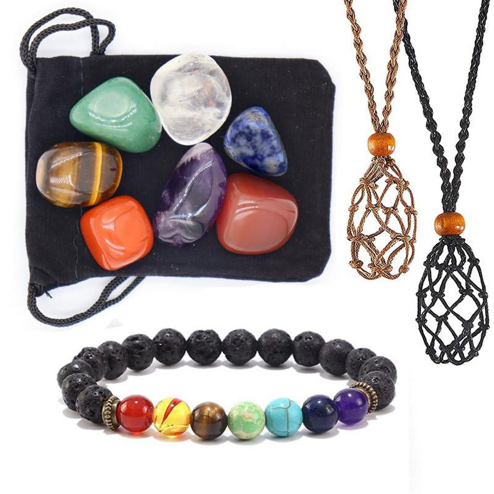 Adjustable Chakra Necklace Cord With Empty Pendant Holder - Hand-Woven For Gemstone & Crystal (30 Inch, Includes 4 Raw Stones)