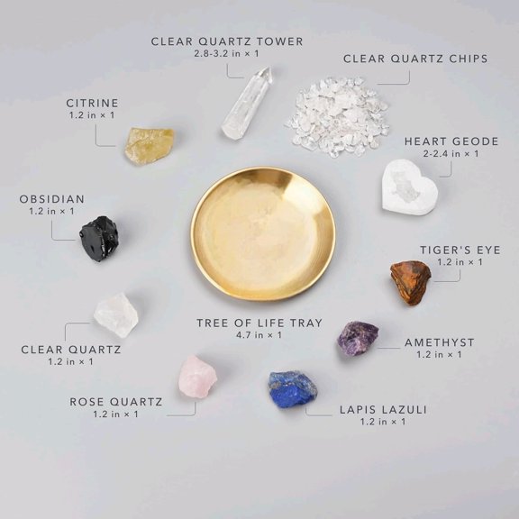 7 Chakra Healing Crystals Grid Set Real Stones, Clear Quartz Tower, Amethyst & Tree of Life Altar Tray Spiritual Meditation & Reiki Decor for Yoga, Positive Energy (Guide Included)