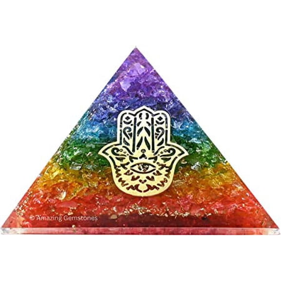 7 Chakra Onyx Crystal Orgone Pyramid, Organite Pyramid Hamsa Hand (Evil Eye)