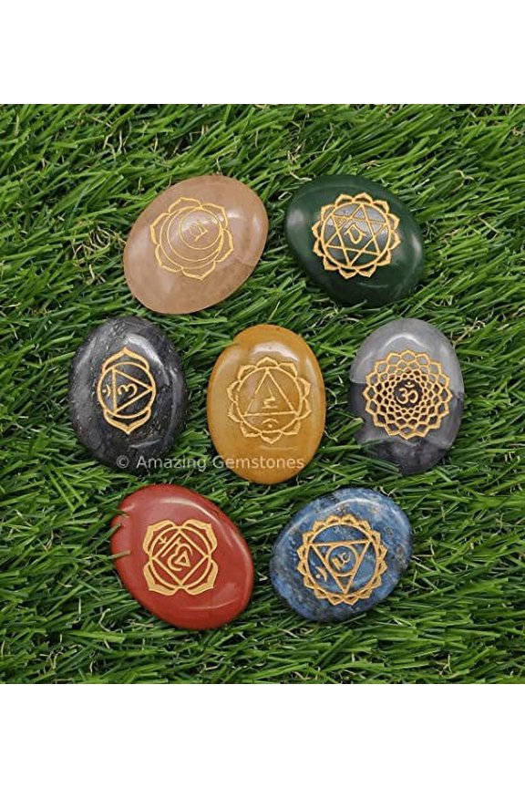 7 Chakra Oval Set Reiki Healing Crystal with Engraved Chakra OM Symbols Holistic Balancing