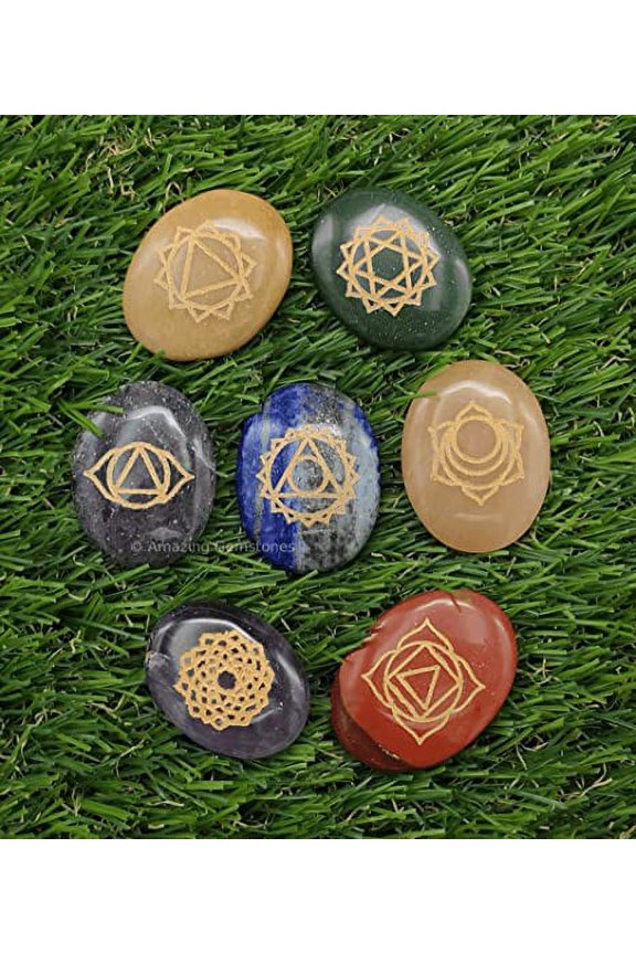 7 Chakra Oval Set Reiki Healing Crystal with Engraved Chakra Symbols
