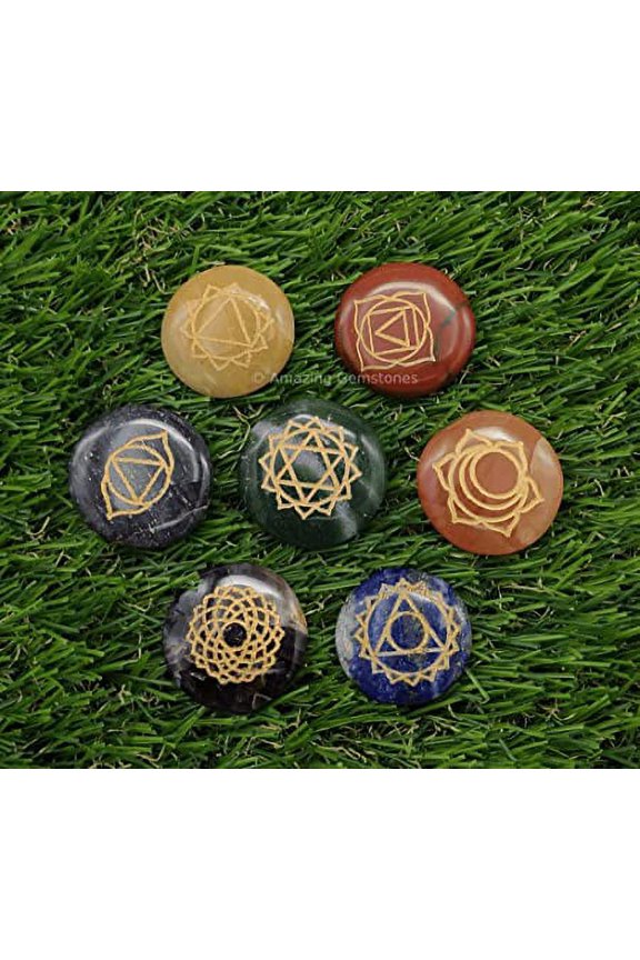 7 Chakra Set Reiki Healing Crystal with Engraved Chakra Symbols for Chakra Balancing