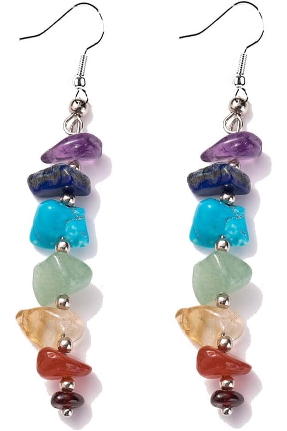 7 Chakra Stone Long Drop Dangle Earrings Colorful Necklace Set Crystal Hook Reiki Healing Beads for Women Yoga Energy Balancing Jewelry[b504]