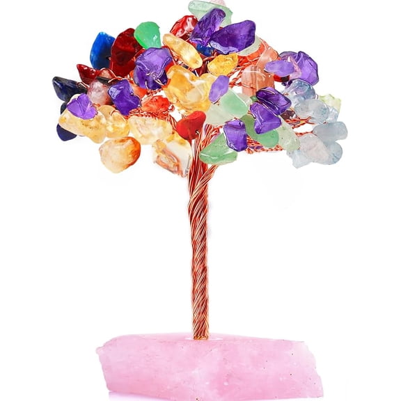 7 Chakra Tree Healing Crystal Tree of Life 5 Inch Natural Reiki Crystals and Healing Stones Rose Quartz Pink Money Tree for Home Desk Office Decor