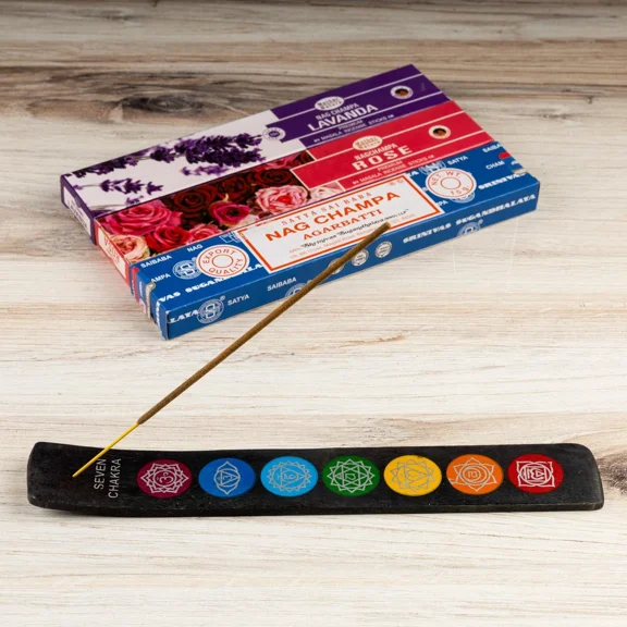 7 Chakra Wood Ash Catcher, Incense Holder Burner For Cleansing & Meditation, 10"