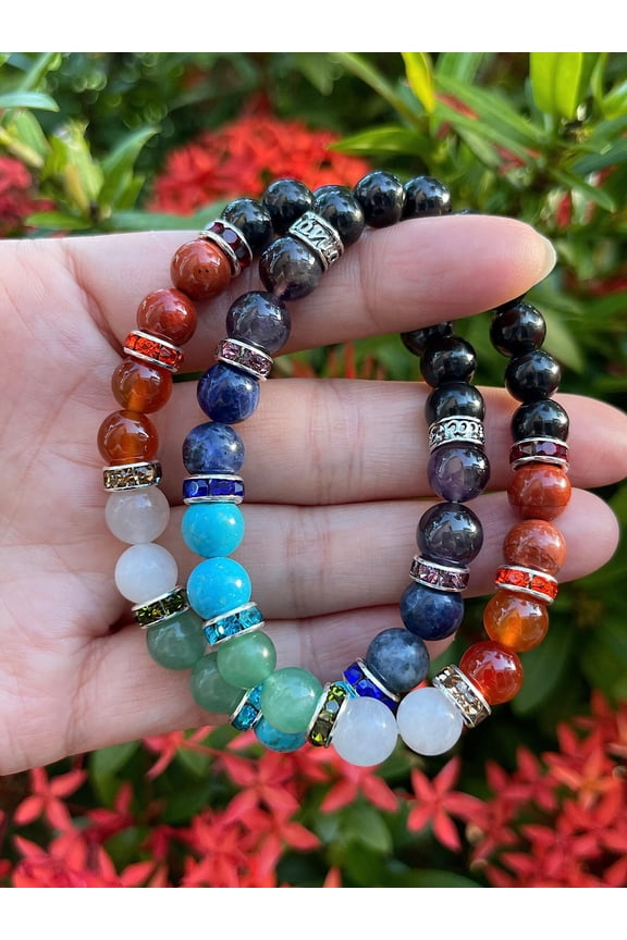 7 Chakra with Shungite Crystal Bead Bracelet 8mm, Wholesale Genuine 7 Chakra with Shungite Stretch Gemstone Bracelet, Gift for Men & Women (1)