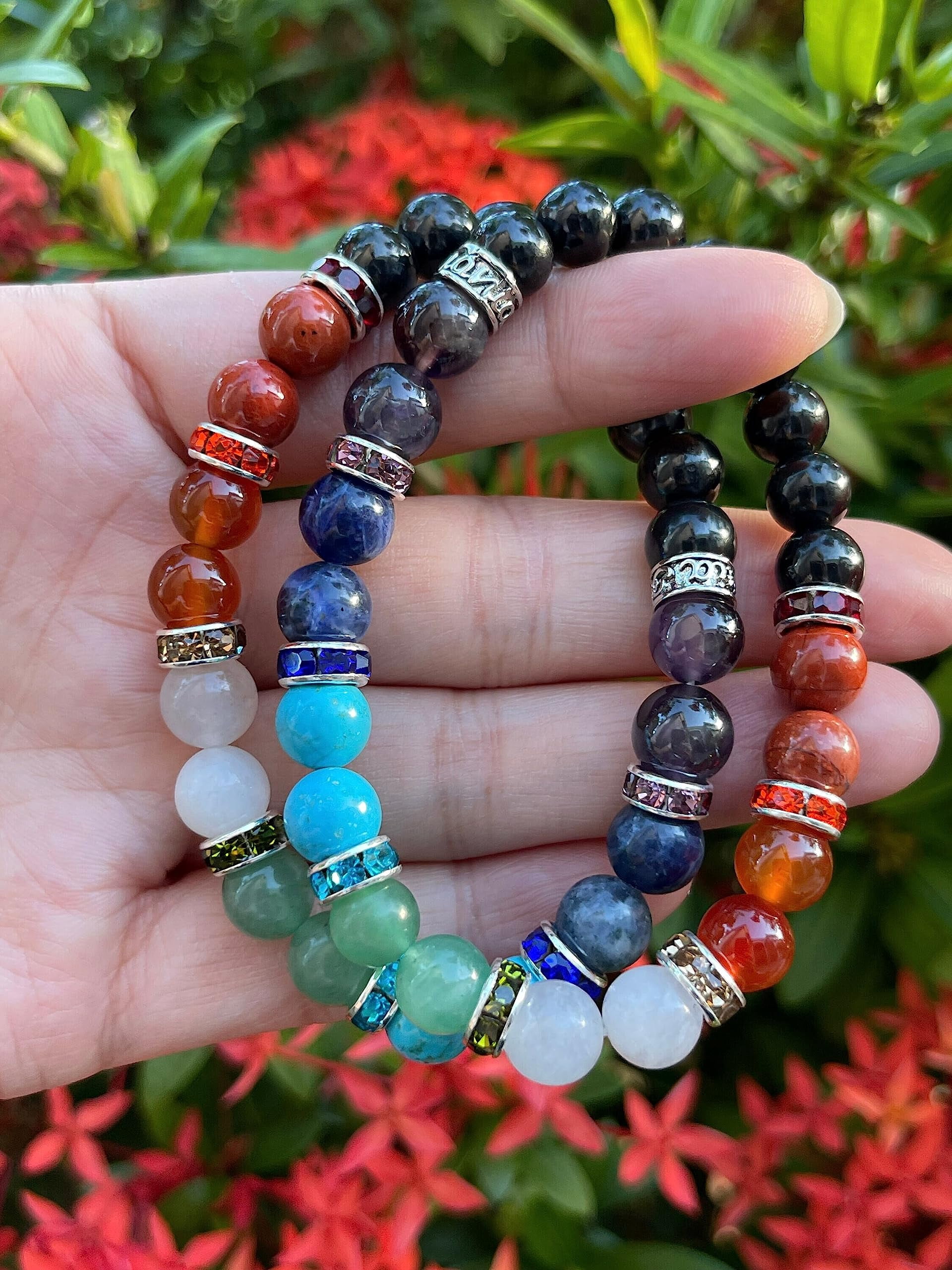 7 Chakra with Shungite Crystal Bead Bracelet 8mm, Wholesale Genuine 7 Chakra with Shungite Stretch Gemstone Bracelet, Gift for Men & Women (2)