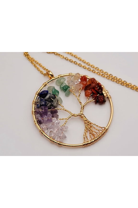 7 Chakras Healing Crystal Necklace Gold tone Gemstone Chip Tree of Life