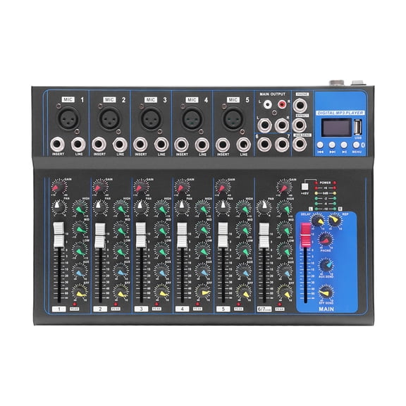 7 Channel Audio Mixer, Bluetooth Portable Audio Mixer w/USB DJ Sound Mixing Console MP3 Jack 48V Power for Computer Recording, Sounds Mixer Board For Studio Recording