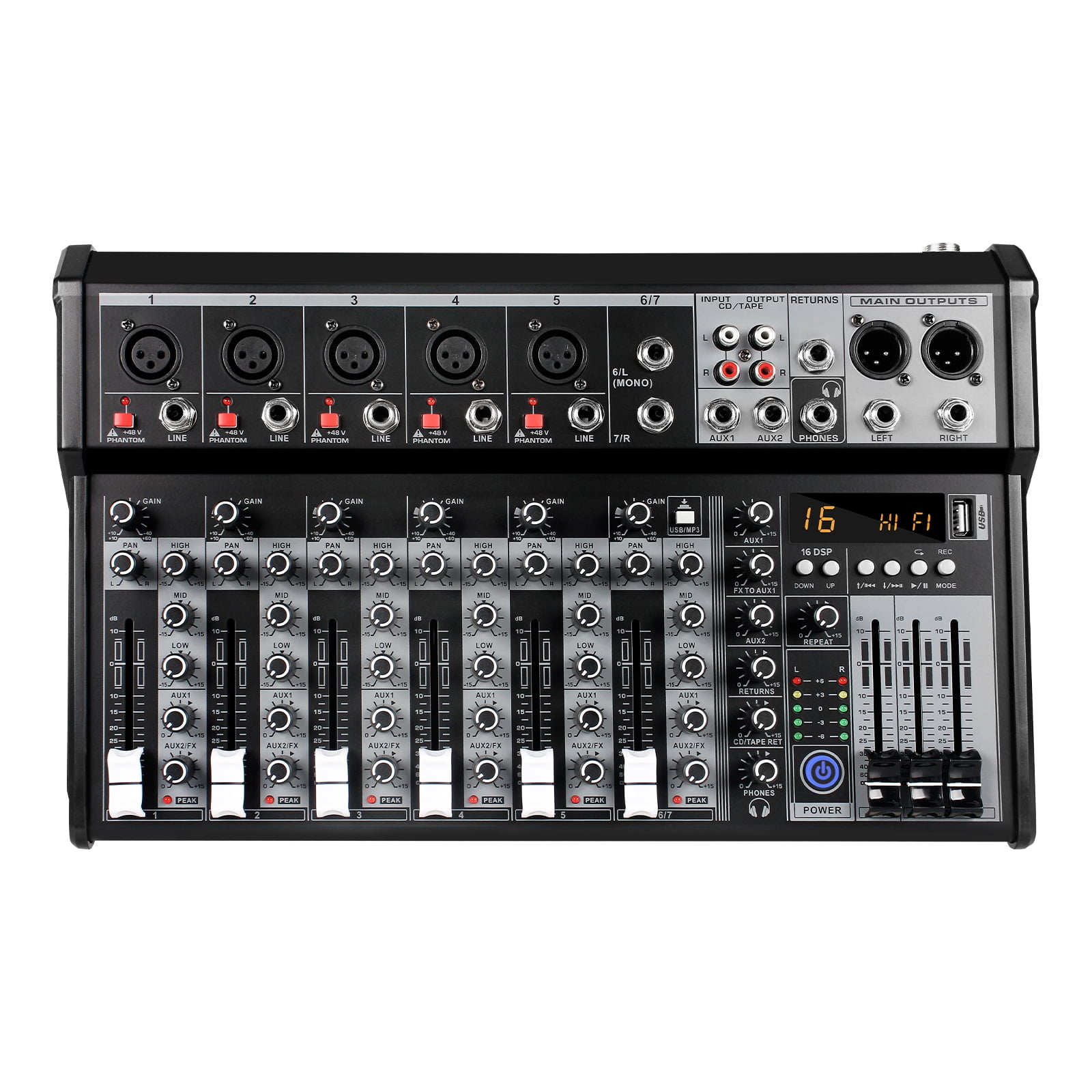 7 Channel Audio Mixer, Portable Audio Mixer w/16 Built-In Preset Sound Effects & USB DJ Sound Mixing Console MP3 Jack 48V Power for Computer Recording, Sounds Mixer Board For Studio Recording